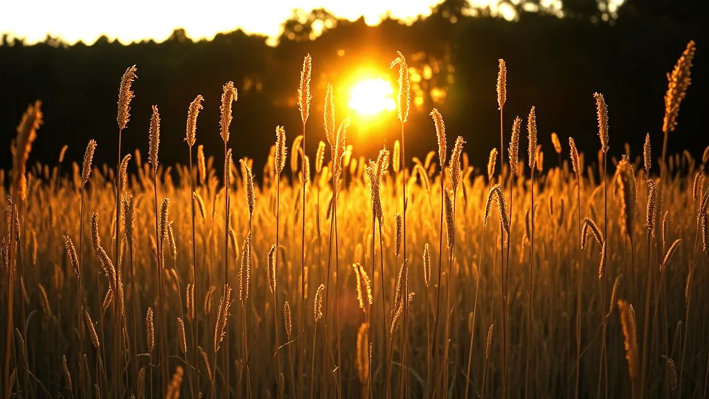 A field of tall dry grass at golden hour, the low sun flaring through the seed heads with a dark treeline behind.