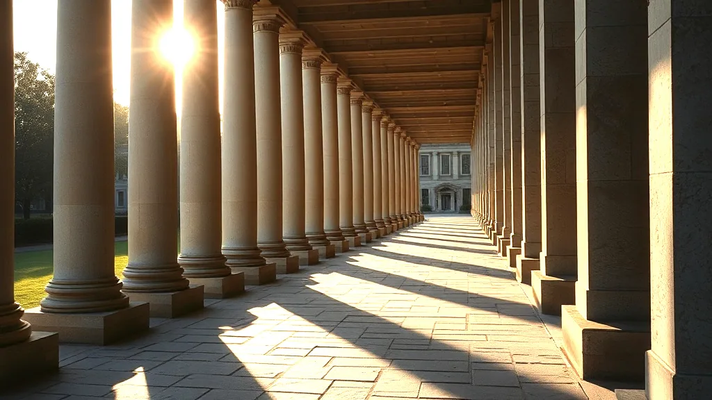 A long stone colonnade in late afternoon, low sun raking between square columns and throwing long shadows across the flagstones.