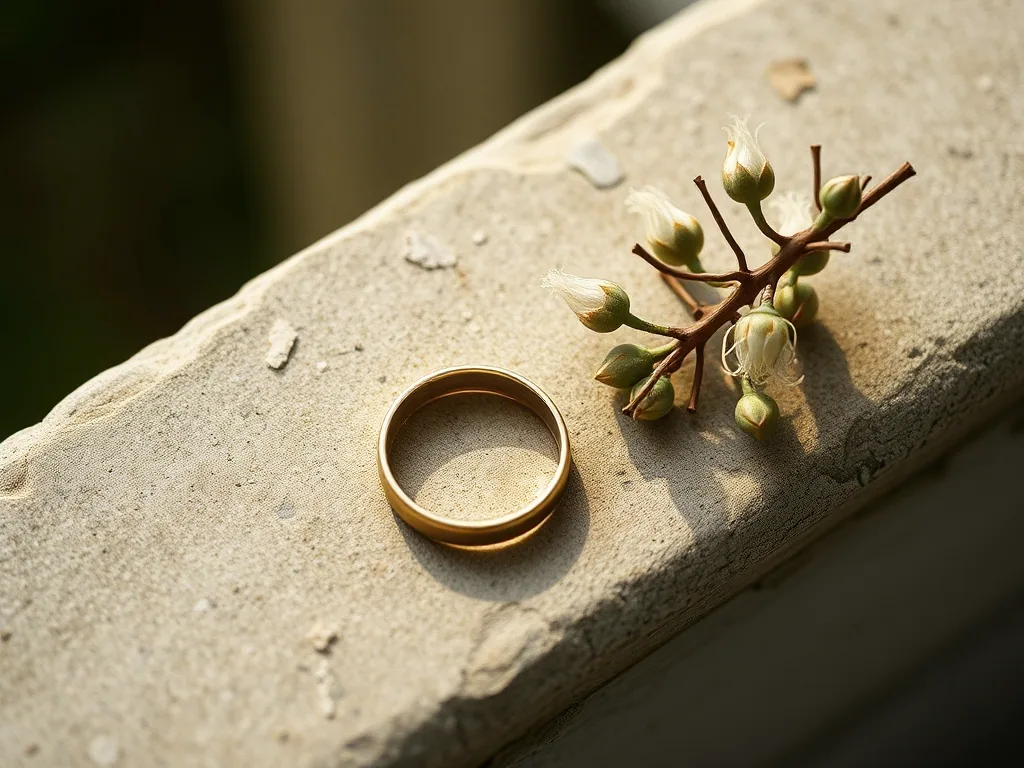 Two plain gold bands lying on a weathered limestone ledge beside a small sprig of buds, shot close in soft light.