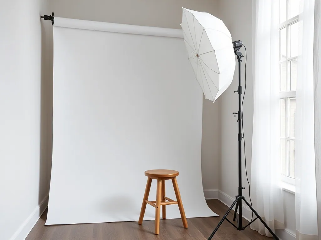 A corner of a small studio with a white paper backdrop rolled down to the floor, a plain wooden stool on it and a light stand with a white umbrella beside a tall window.